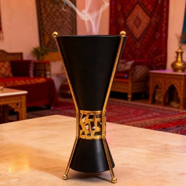 Brûleur à bakhour diabolo — métal noir et laiton ajouré