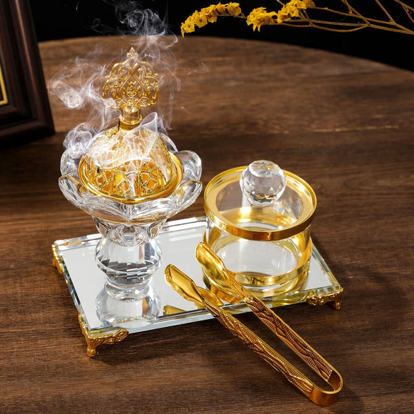 Coffret rituel bakhour — brûleur cristal, pot, pince et plateau
