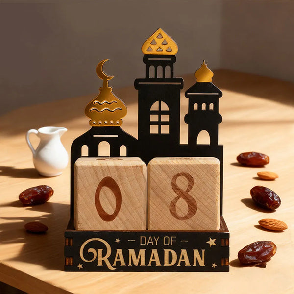 Calendrier de Ramadan en bois — cubes et mosquée