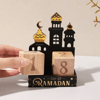 Calendrier de Ramadan en bois — cubes et mosquée