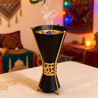 Brûleur à bakhour diabolo — métal noir et laiton ajouré